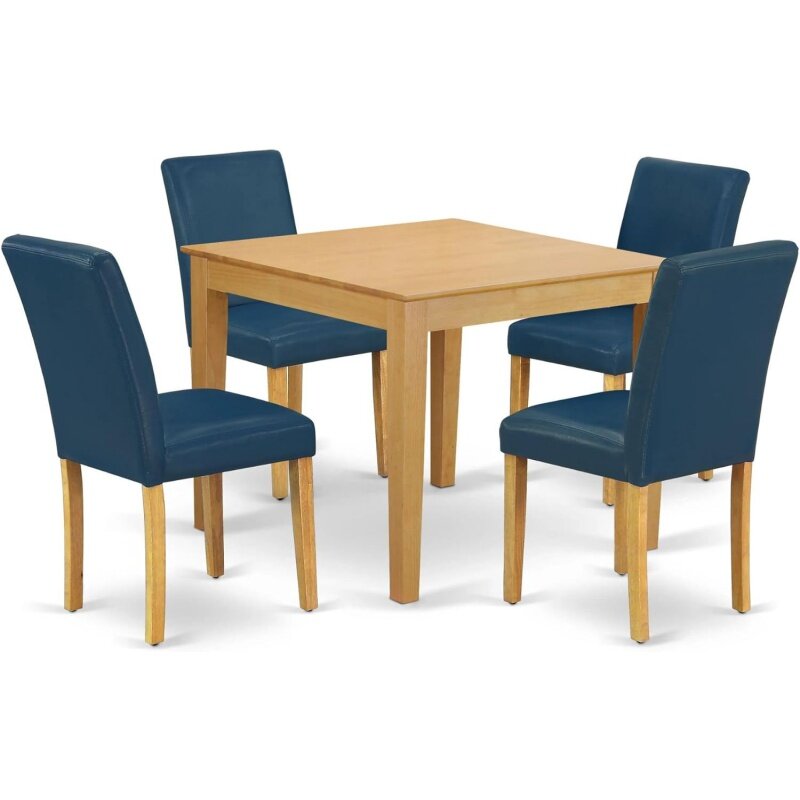 Oxford Modern Dining Set com mesa de madeira quadrada e 4 Oasis Blue Faux Leather, East West Móveis, OXAB5-OAK-55, 5 PCs