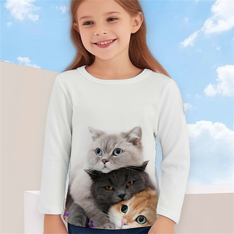 2024 Summer Girls Boy Children T-Shirts Fashion Cat Print O-Neck Clothing Polyester Baby Clothes Casual Cartoon Short Sleeve Top