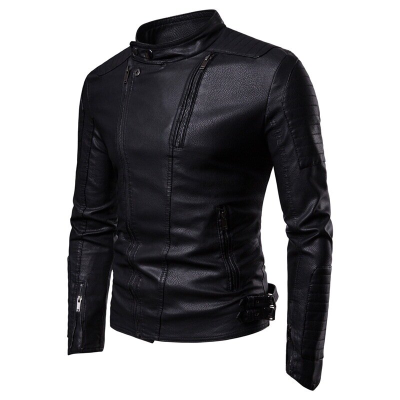 2023 Autumn Winter New Oblique Pull Motorcycle Leather Jacket Men Fleece-Lined Thickening Trendy Casual Leather Clothing Coat