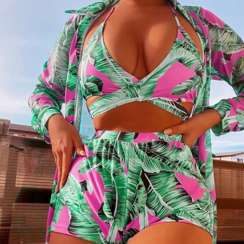 Traje de baño verde Floral para mujer, bañador Sexy de tres piezas con cordones, Bikini de estilo de diseñador para remojar en primavera caliente 2023