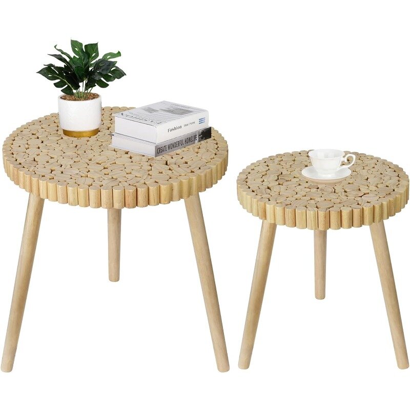 Conjunto de 2 mesa de café redonda, mesa de café natural, mesinha de meados do século moderno rattan, mesa lateral