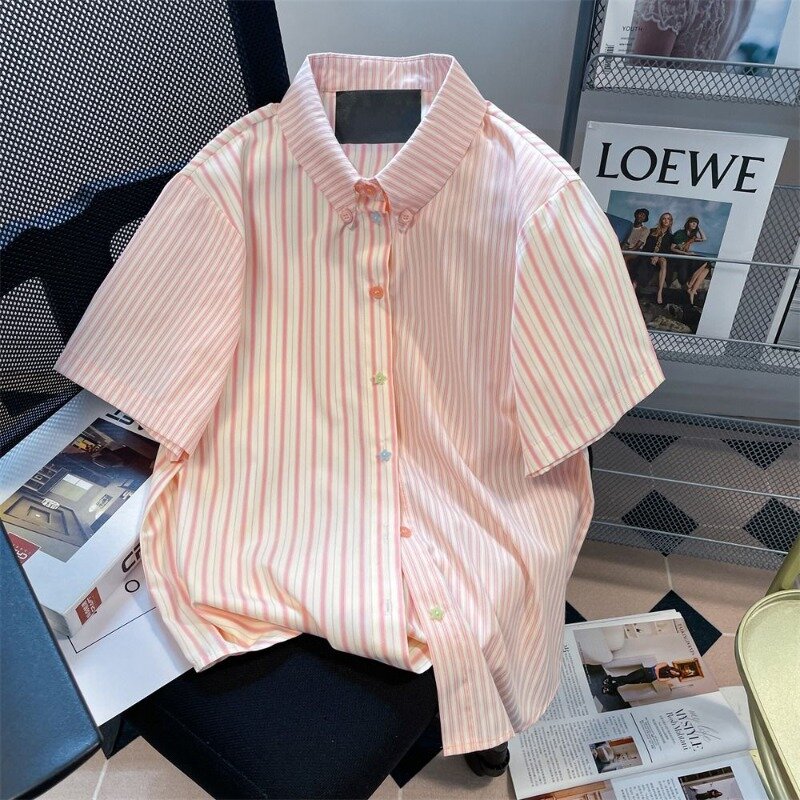 Xej-女性のためのピンクのストライプのシャツ,特大のシャツ,エレガントでシック,韓国のファッション,カワイイ,夏,2024