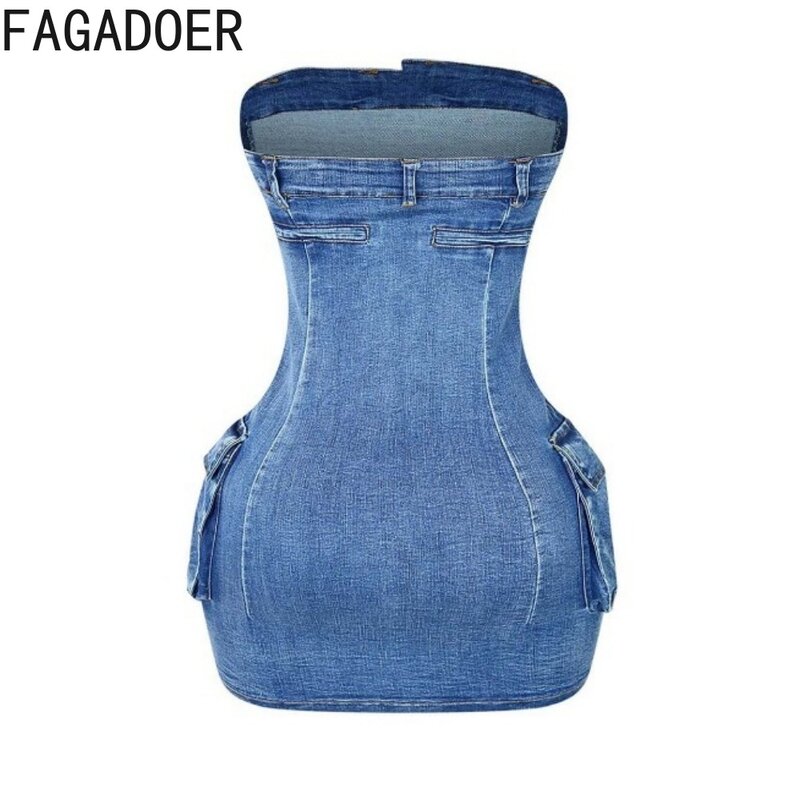 Fagadoer-女性のための裸の肩の背中の開いたデニムチューブドレス,ノースリーブ,ポケット付きのタイトなミニドレス,セクシー,弾力性のある,ファッショナブル