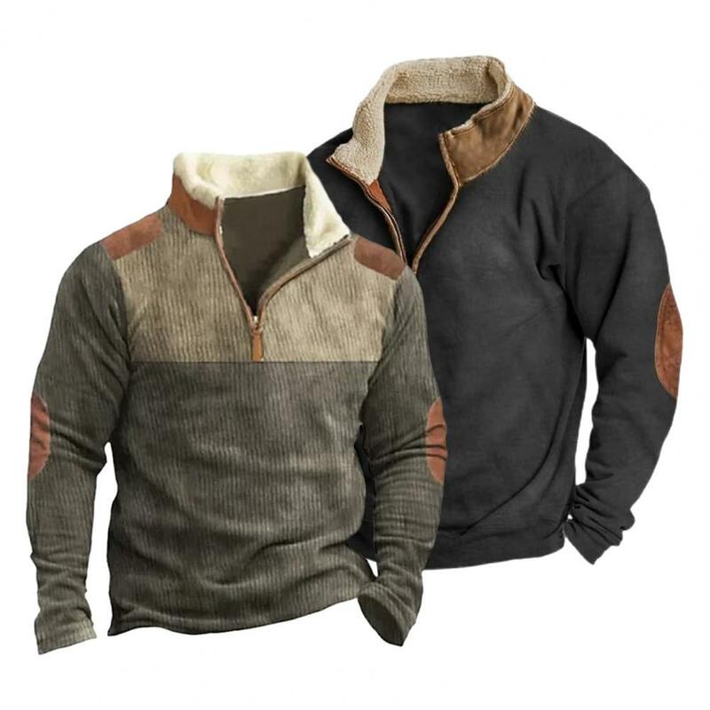 Men Daily Top Retro Plush Zipper Men's Sweatshirt with Color Matching Patchwork Stand Collar Soft Breathable Mid Length for Fall