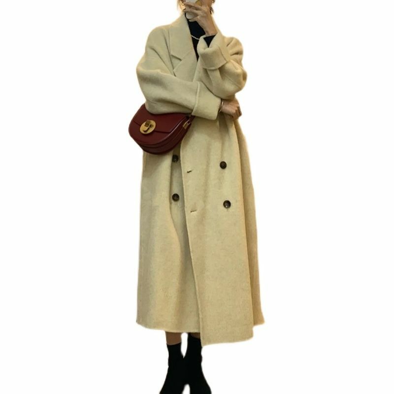 Casaco de lã estilo Hepburn feminino, novo cinto coreano, comprimento médio, outono e inverno, 2022