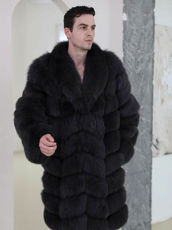 Janefur-럭셔리 천연 여우털 롱 코트 남성용, 두껍고 따뜻한 외투, 겨울 겉옷, 2022
