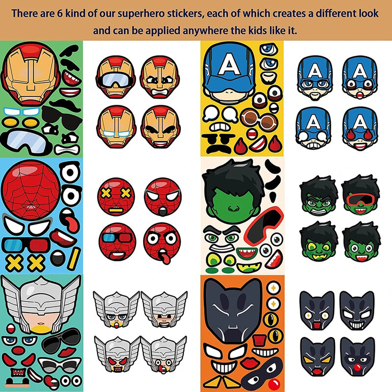 Disney Cartoon Superhero Puzzle Stickers, Adesivo de rosto para crianças, Montagem Jigsaw, Decalques Educação, Brinquedo Cool, Presente de festa, 6 folhas, 12 folhas