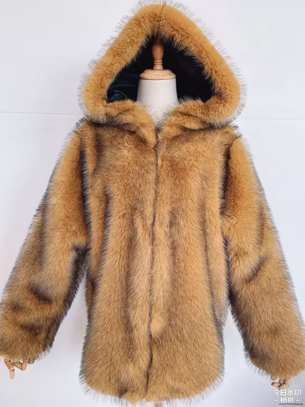 QNPQYX Winter Fashion Thick Faux Fox Fur Hooded Fur Coat women's mid-length Loose Warm Jacket Warm Loose Coat For Woman
