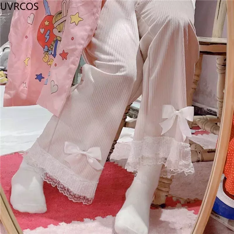 Celana korduroi pinggang tinggi wanita Lolita Jepang lucu celana kaki lebar renda pita manis pakaian Y2k celana panjang lucu longgar kasual