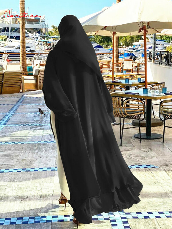 ชุดกิโมโนแฟชั่นผ้าชีฟองอาบายาสำหรับผู้หญิงเสื้อคลุมลำลองชุดมุสลิมดูไบพร้อมเข็มขัด F2664