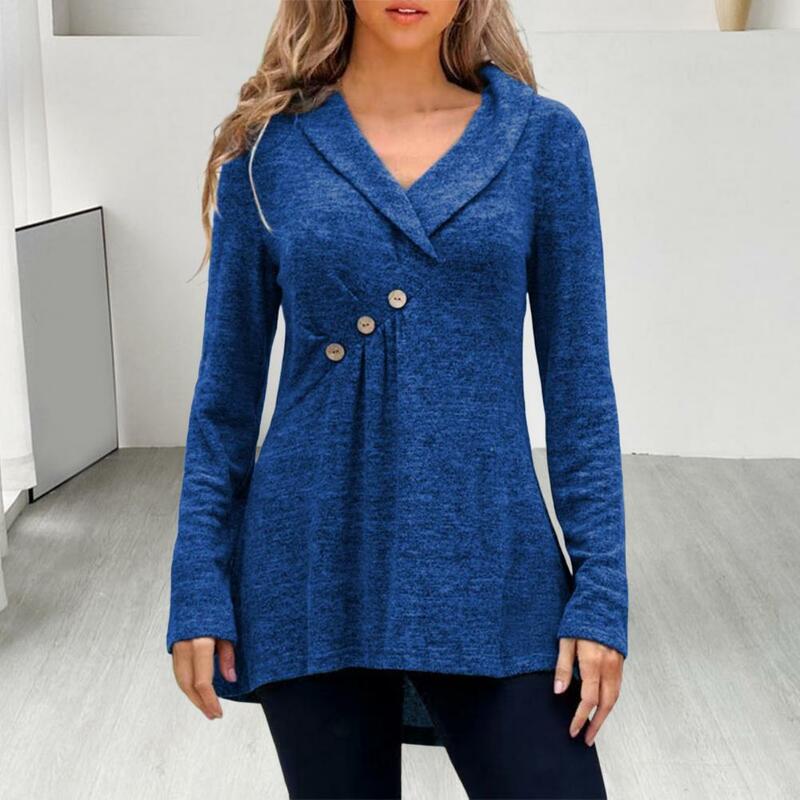 V Neck Lapel Long Sleeve Buttons T-shirt Pleated Autumn Blouse Spring Autumn Solid Color Loose Tunic Pullover Top Streetwear