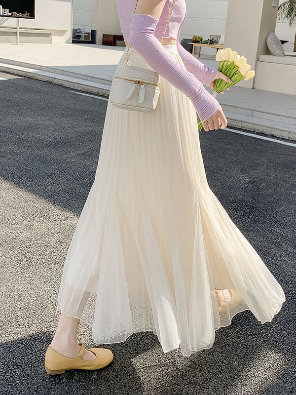 Koreanische Mode Mesh schwarz Meerjungfrau Rock Mädchen elastische Taille beige Röcke mit Innen schuh neue lange Rock Maxi lässig elegant Saia