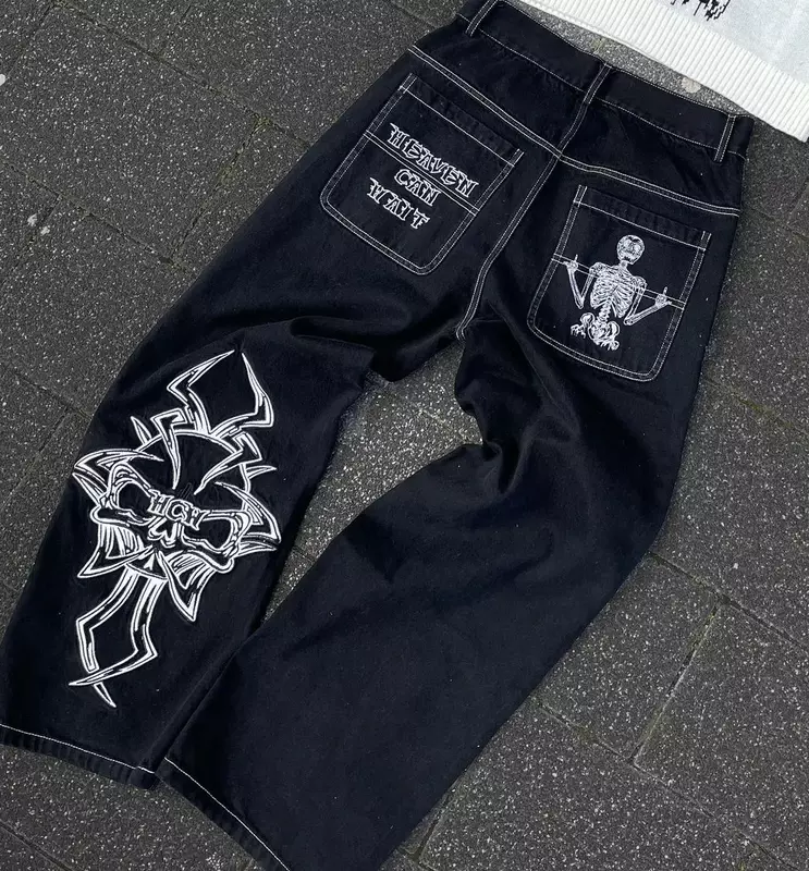 Y2K czaszka haft jeansy męskie Hip Hop Retro workowate Harajuku gotyckie spodnie dżinsowe Punk casualowe luźne szerokie z szeroką nogawką Streetwear nowość