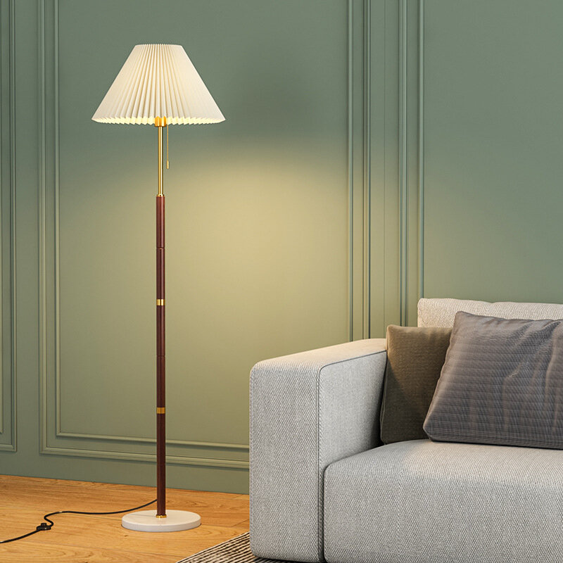 Lâmpada de assoalho mármore com madeira pólo e abajur tecido plissado, E27 lâmpada, 85V-265V, globalmente aplicável para sala de estar, ETC, qualidade