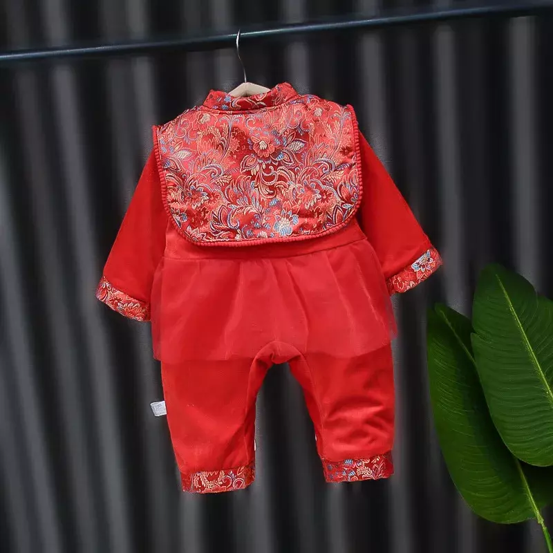 Новинка Осень-зима 2023 детский красный комбинезон с вышивкой кавайный новорожденный мальчик Девочка новогодний костюм Тан утепленный подарок на день рождения