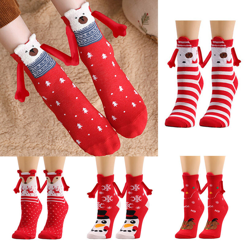 Unisex Natal algodão meias, meio tubo meias, sucção magnética, Harajuku, bonito, meninas, casal, 1 par