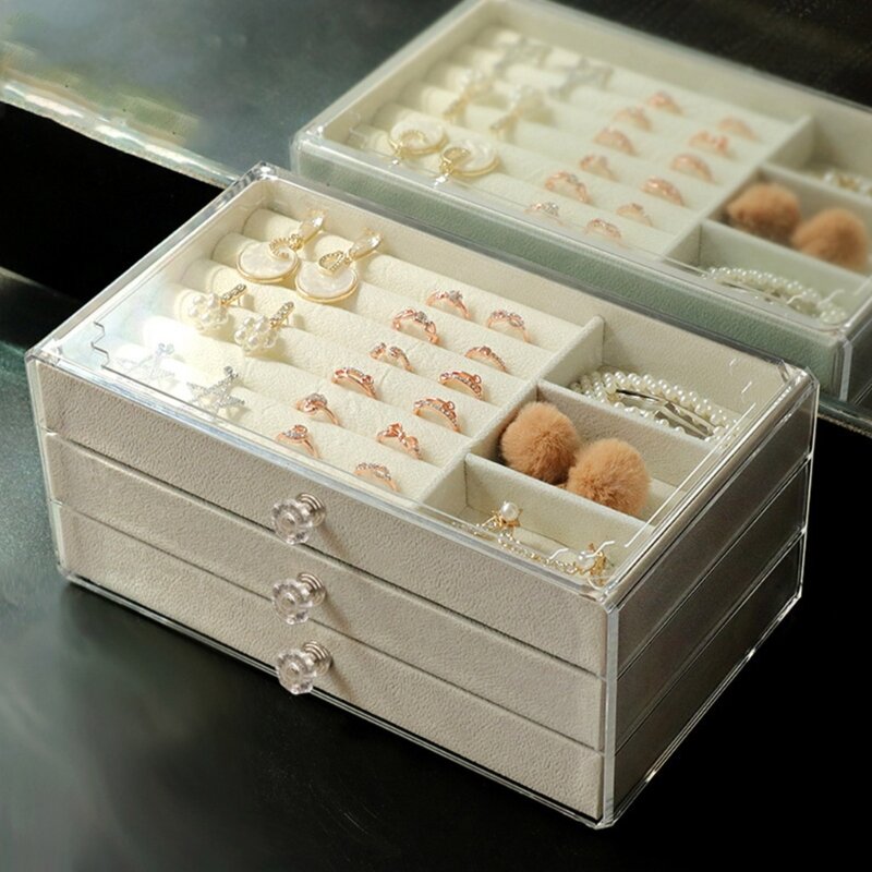 Caja almacenamiento para exhibición joyas con divisores extraíbles, 3 cajones, bandejas para joyería F0S4