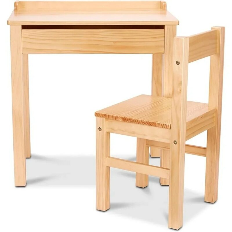 Mesa e cadeira de madeira para crianças, cor de mel