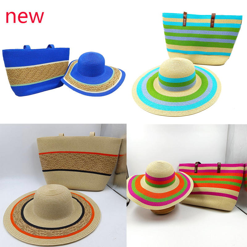 Conjunto de duas peças para as mulheres, chapéu de palha de verão, saco colorido, chapéu de sol, ao ar livre, praia, biquíni