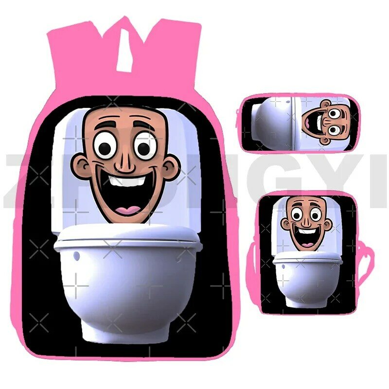 เป้สะพายหลังสีชมพู merch skibidi 3D สำหรับห้องน้ำกลางแจ้งแนววินเทจกระเป๋าเป้เดินทางกีฬา3 in 1กระเป๋านักเรียนประถมกระเป๋าสะพายไหล่ยอดนิยม