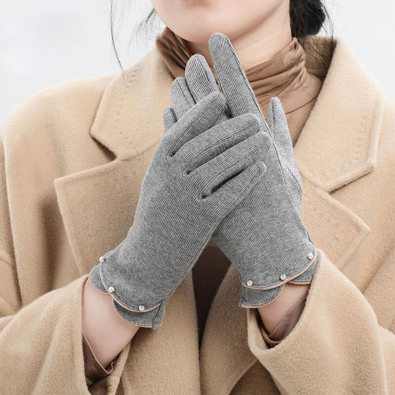 Autumn Winter Thin Fashion Elegant Pearl Wrist Solid Keep Warm Touch Screen Women Soft Gloves Drive Cycling Cold Protection