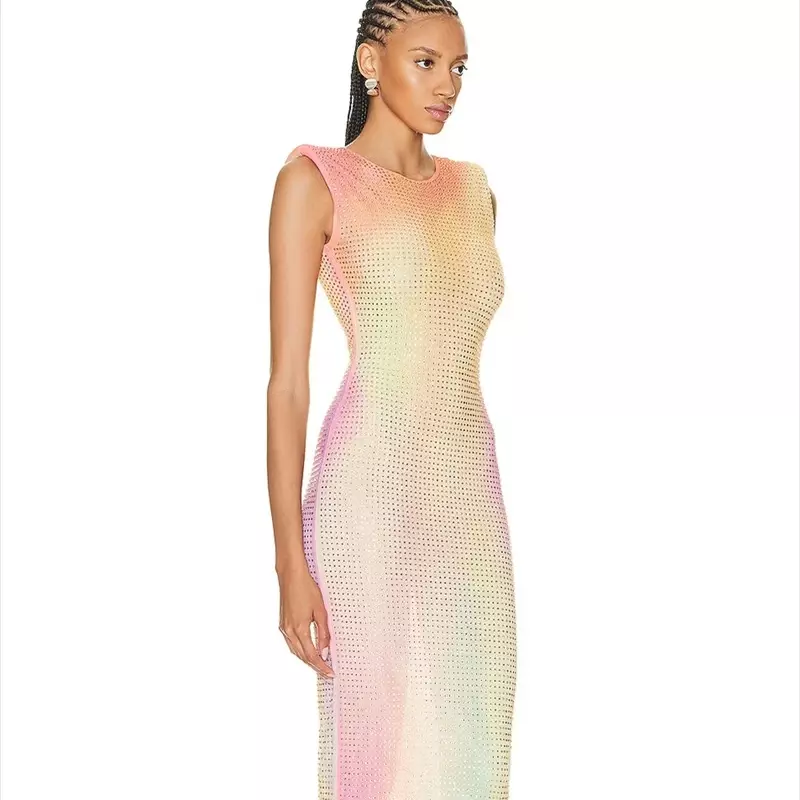 Gaun panjang wanita berlian populer pelangi gaun midi wanita tanpa lengan ramping seksi baru 2023