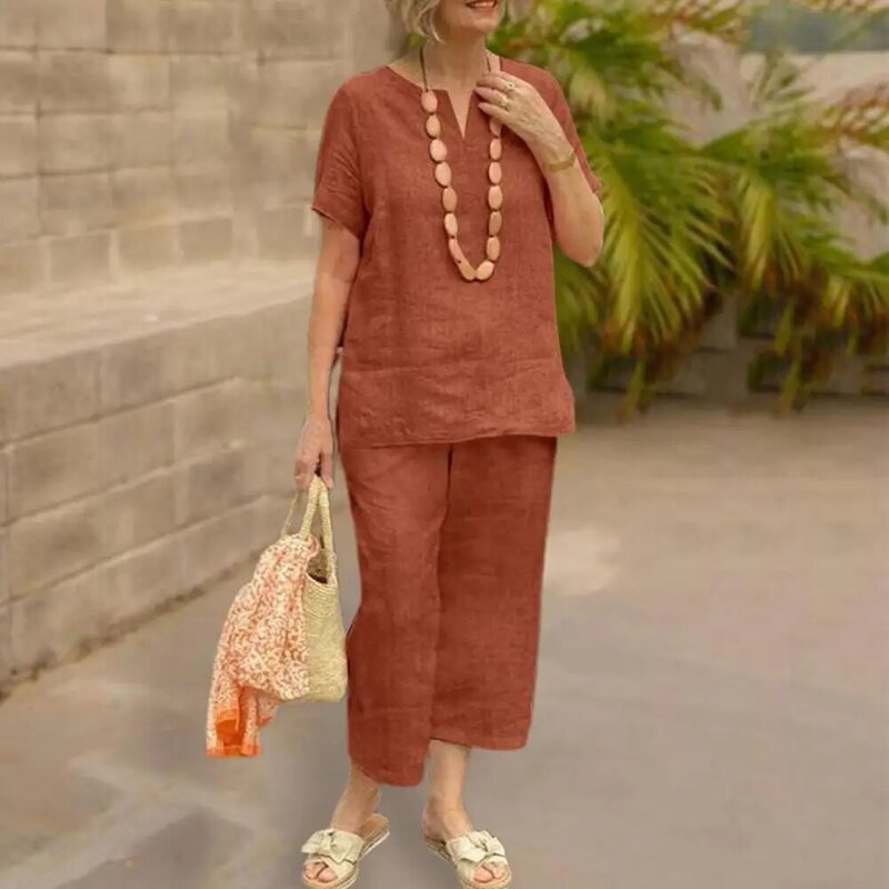 Women's Relaxed Fit Two-piece Suit Stylish Women's Cotton Linen Summer Suit with Wide Leg Pants Casual for Ladies for Summer