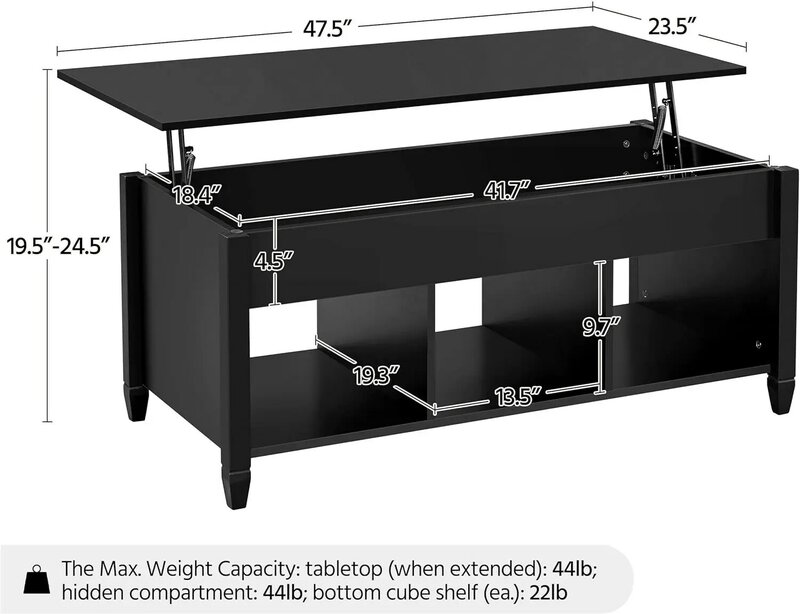 Lift Top Coffee Table com compartimento oculto, 3 Cubo Prateleiras Abertas para Sala de Estar, Lift Up Center Table, Preto, 47.5in