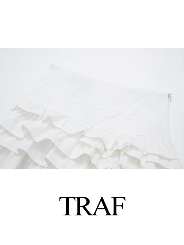 TRAF Women's New Fashion Vintage White High Waist Ruffle Skirt Woman 2024 Summer Zipper Folds Slim Sweet Mini Skirts Mujer