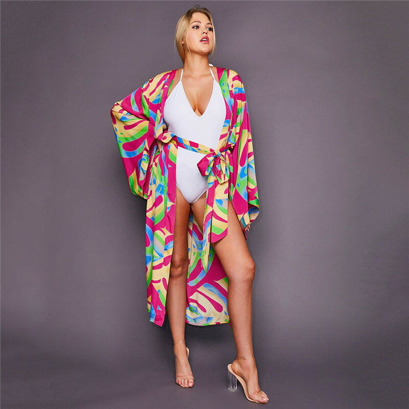 6 Styles Bohemian Printed Bikini Cover-ups Elegant Self Belted Kimono Dress Tunic Women Beach Wear Swim Suit Cover Up
