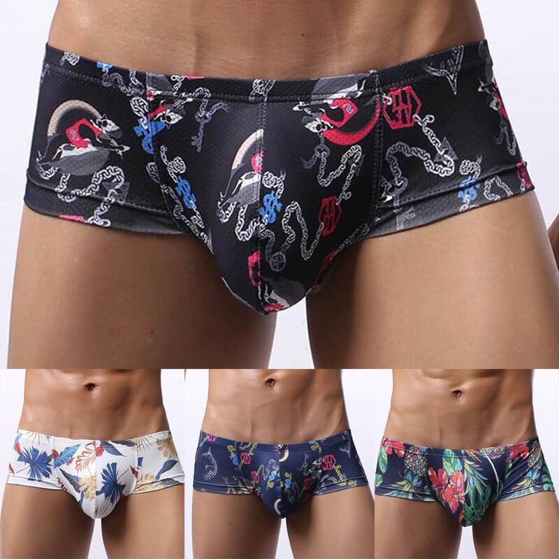 M~2XL Nylon Men Sexy Printed Men\\\'s Thong And G-string Briefs Bulge Pouch Low Rise Underwear Low-waist Underpants