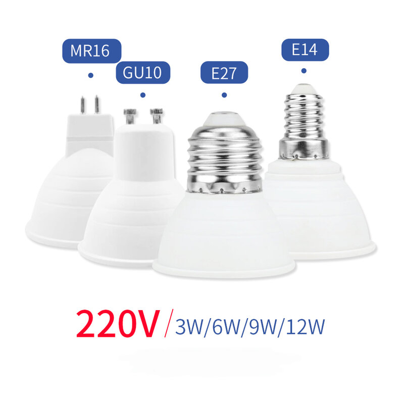Bombilla LED GU10 de 1 piezas, foco de 220V, 12W, 9W, 6W, 3W, MR16, E27, E14