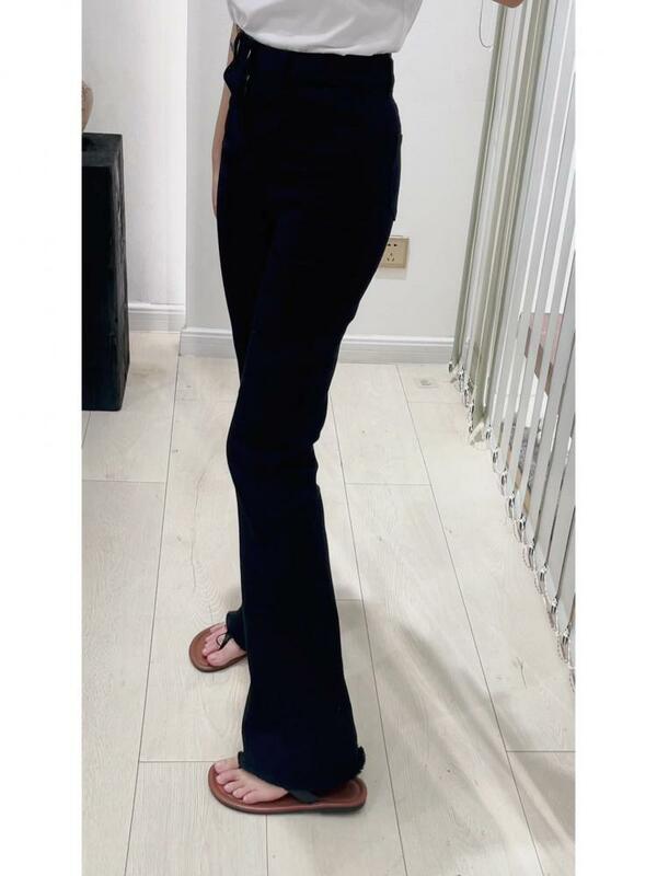 Finework celana jins hitam kasual wanita, celana Denim ramping, Jeans bawah Bell Korea longgar pinggang tinggi regang