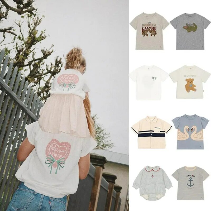 T-shirt de manga curta de cisne infantil, roupas infantis KS, terno para meninos e meninas, fundo de gorila, conjunto caseiro, verão, 2024