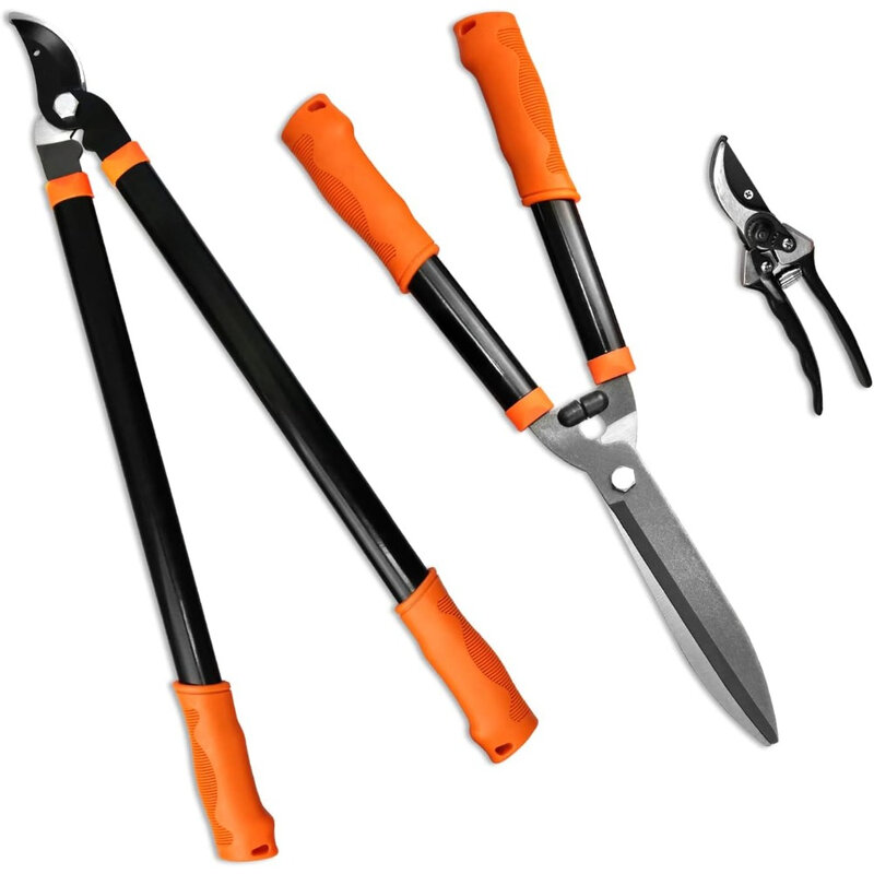 3 Piece Combo Garden Tool Set with Lopper, Hedge Shears and Pruner Shears, Tree & Shrub Care Kit