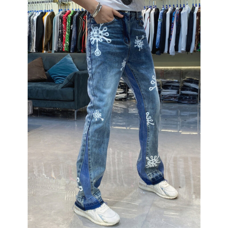 High Street Vintage Blauwe Jeans Wit Motief Print Broek Casual Rechte Benen Broek Mode Contrast Kruis Vaqueros Hombre