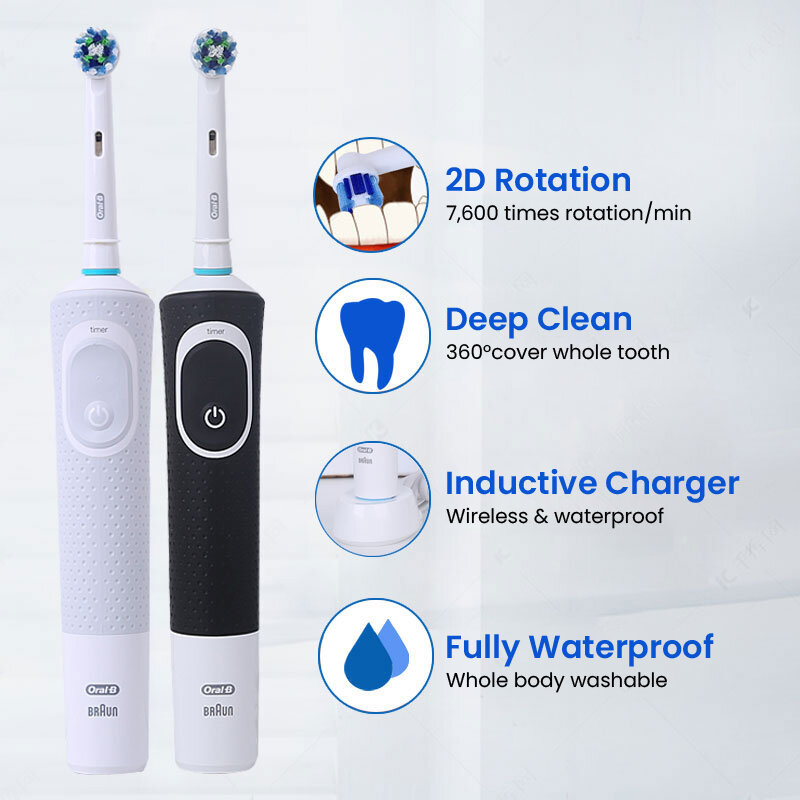 Brosse à dents électrique Oral B D100, accessoire de nettoyage de la vitalité 2D, étanche, électronique, chargeur inductif avec minuterie