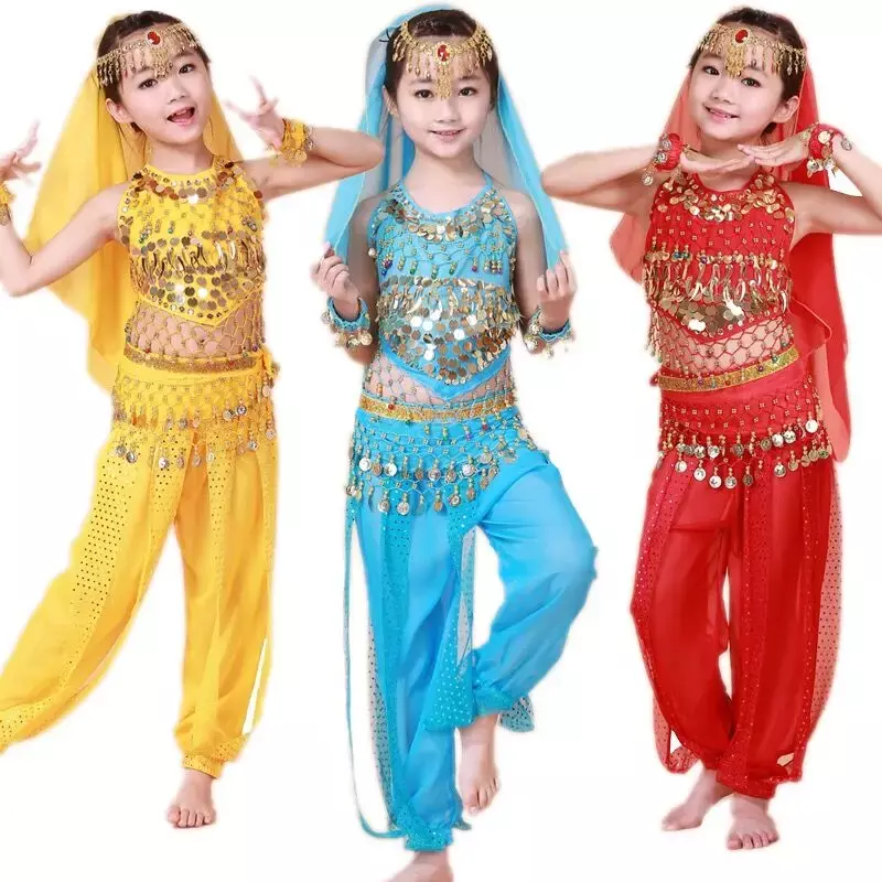 Traje de gasa para escenario para niños, traje indio de danza del vientre, actuación de Halloween, conjuntos de 7 piezas, trajes de tela para bailar