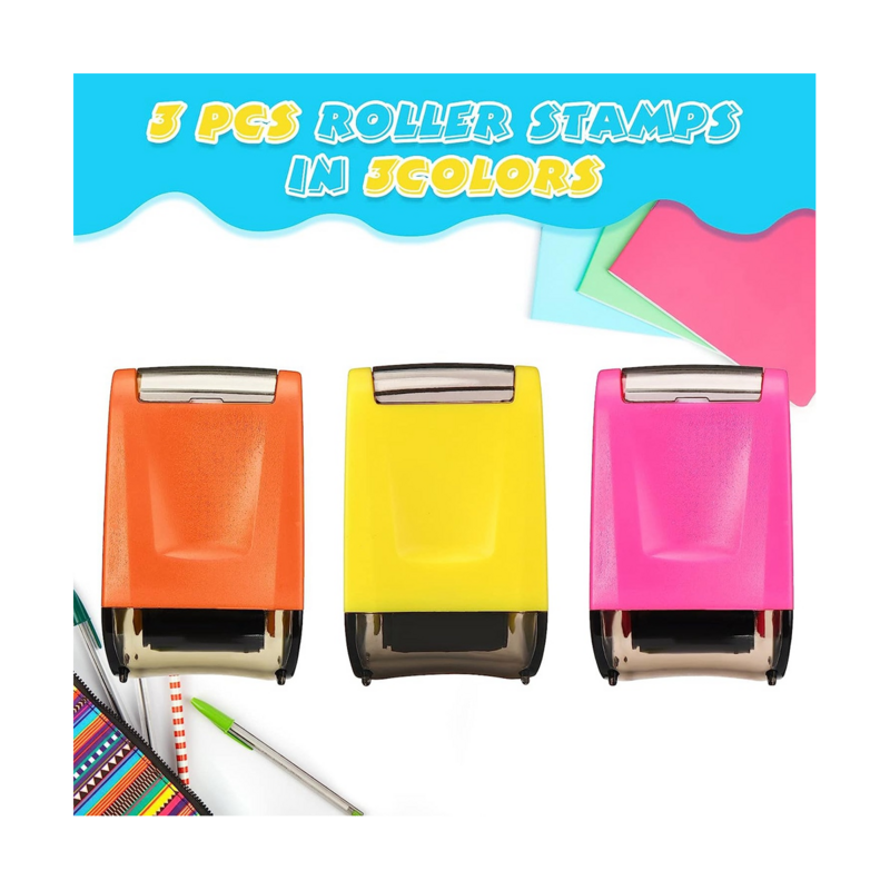 3 Pieces Dashed Handwriting Lines Practice Roller Stamp Self Inking Line Rolling Stamps (Yellow, Orange, Pink)