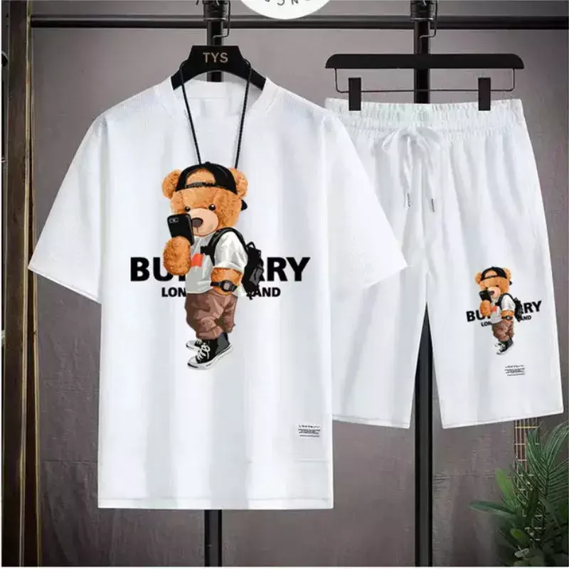 Setelan pakaian jalanan musim panas Hip Hop pria, t-shirt Unisex ukuran besar, setelan pendek mewah gambar kucing
