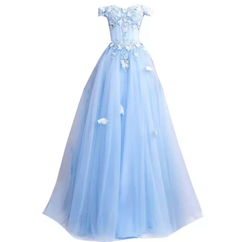 Gaun pesta biru untuk wanita pernikahan bahu terbuka gaun Formal malam pengantin bergaya elegan Banquet vestido de festa