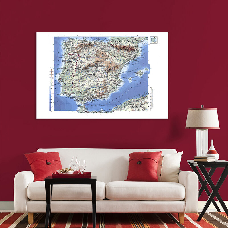 150*100Cm Orografische Kaart Van De Spanje Gedetailleerde Poster Niet-geweven Canvas Schilderij Wall Art Prints School levert Woondecoratie