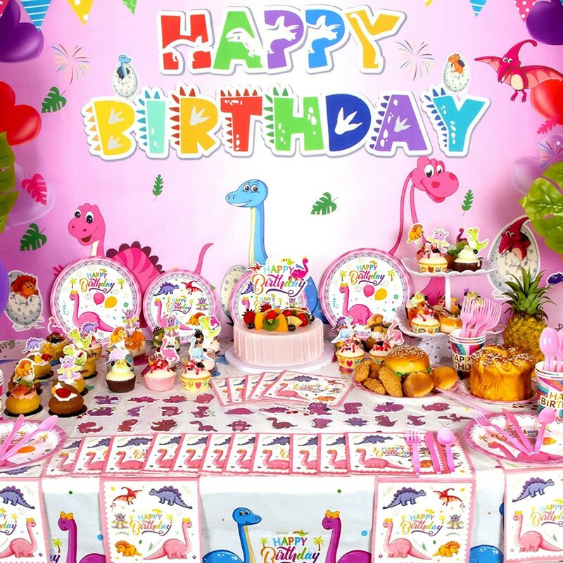 ピンクの恐竜の装飾バルーン,食器,プレート,背景,女の赤ちゃんの誕生日パーティー用品