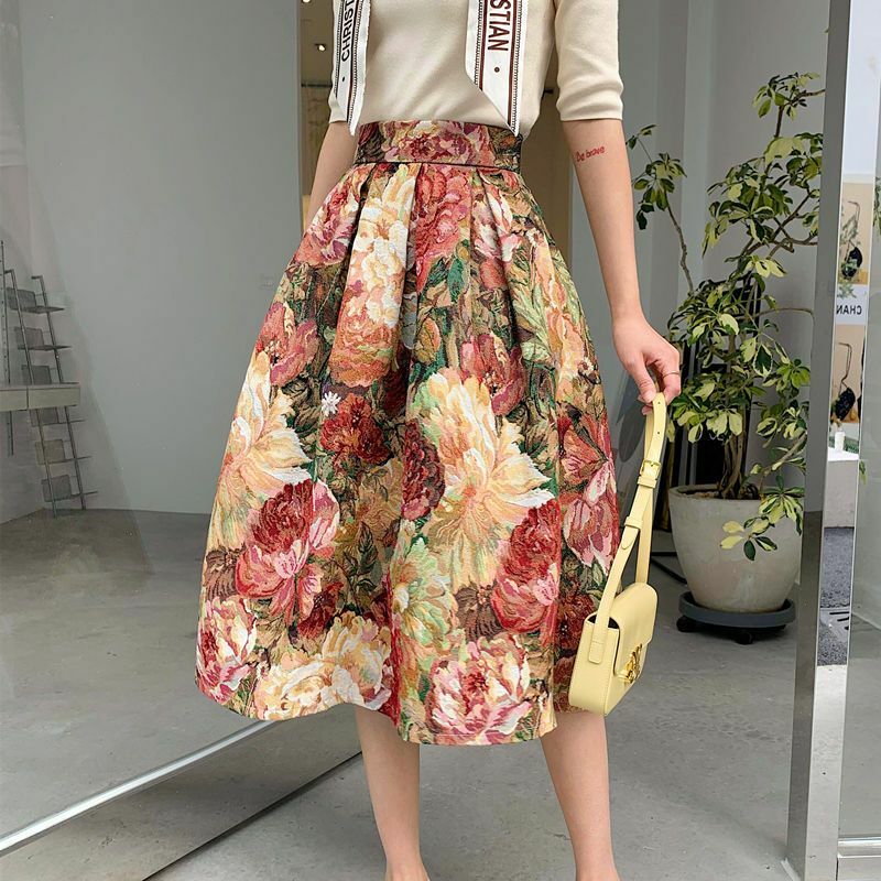 Saia de bolsos plissada longa de cintura alta com estampa floral vintage feminino, saias estéticas elegantes, jacquard, fêmea, primavera, Q530