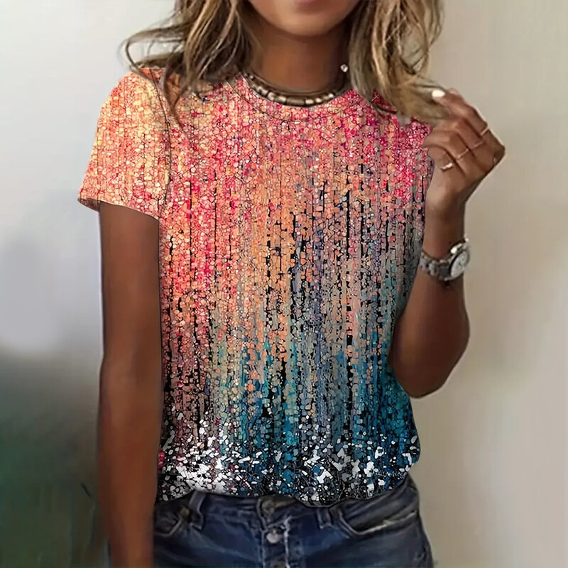 T-shirt a maniche corte da donna con stampa colorata colorata 3D top O collo abbigliamento femminile di lusso Casual estate t-shirt da strada allentata