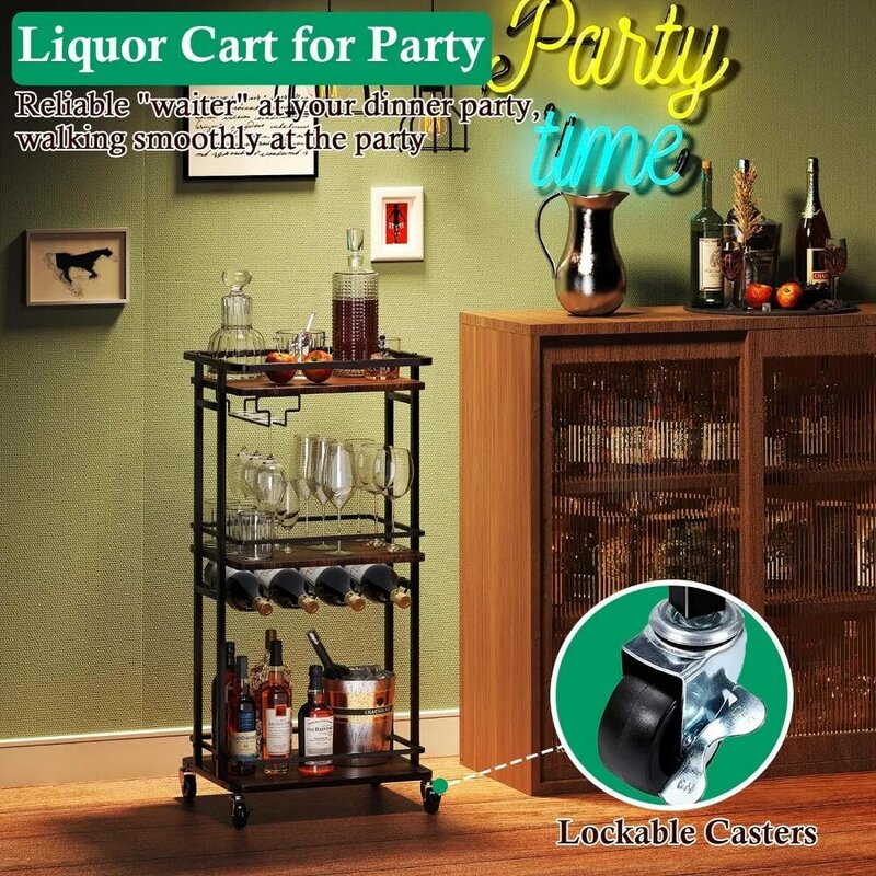 3 Tier Bar Cart for Home, Rolling Mini Liquor Bar Cabinet with Wine Rack and Glass Holder, Home Bar Serving Cart on Wheels