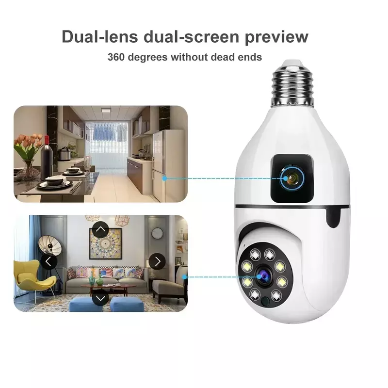 6MP E27 Bulb WIFI Camera Dual Lens Indoor Surveillance AI Human Tracking Wireless Voice Alarm Cameras Smart Home 8X Zoom Monitor