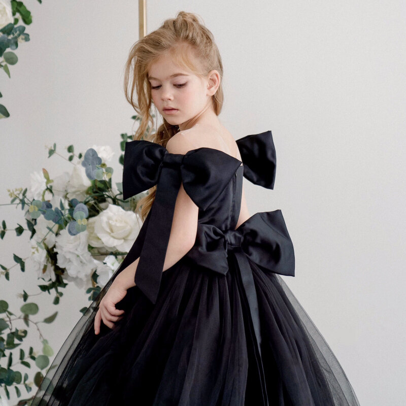 Black Elegant Flower Girl Dress For Wedding Tulle With Bow Sleeveless Floor Length Kids Birthday Party Princess Ball Gowns