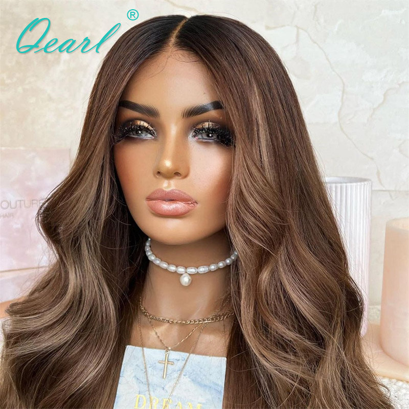 Qearl-Peluca de cabello humano 360 Natural para mujer, postizo de encaje Frontal completo, marrón claro, rubio miel, reflejos de Color, 100%