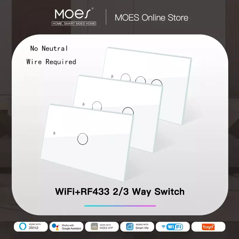 MOES-WiFi Interruptor de Luz Inteligente, RF433, Sem Fio Neutro, Fogo Único, Vida Inteligente, Tuya App Controle, Funciona com Alexa, Google Home, 110 V, 220V